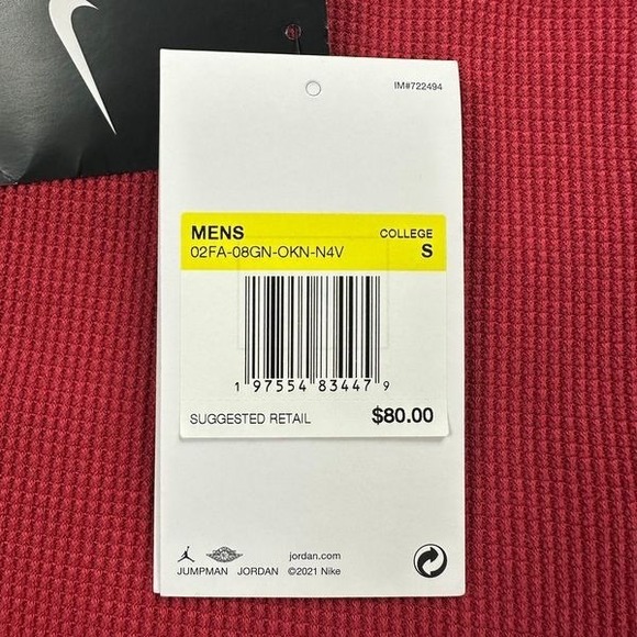 Oklahoma Sooners X Air Jordan Thermal Shirt Mens Small Waffle Knit Fleece Lined - Picture 6 of 7